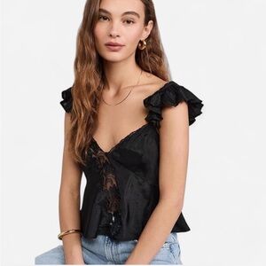 Free People Harmony Black Lace Tank Ruffle & Floral Embroidered Size Medium NWT